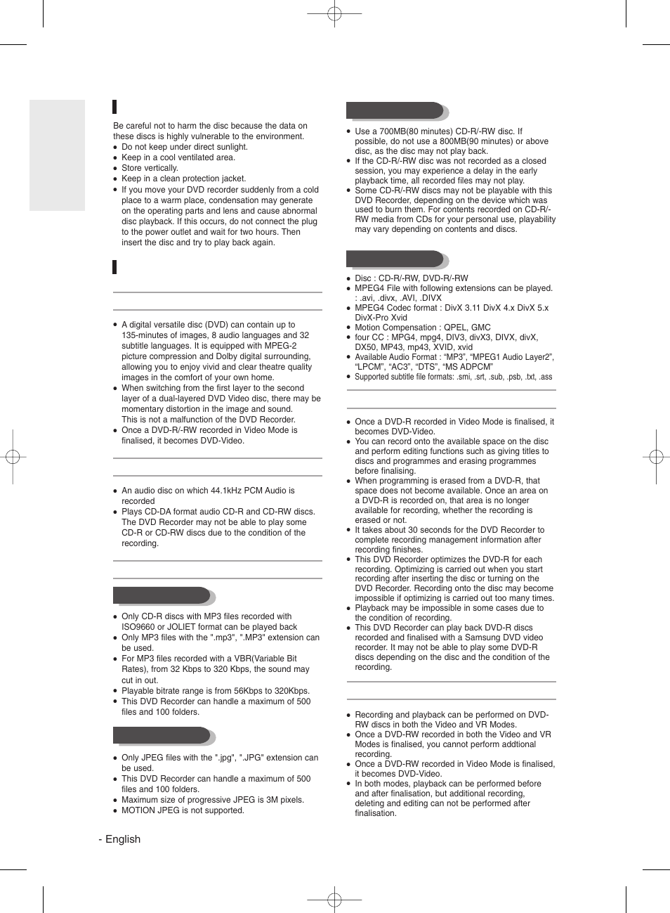 Disc storage, Disc specifications, Dvd-r disc playback and recording | Dvd-rw disc playback and recording, Dvd-video, Audio cd, Cd-r/-rw, English | Samsung DVDR131 User Manual | Page 4 / 93