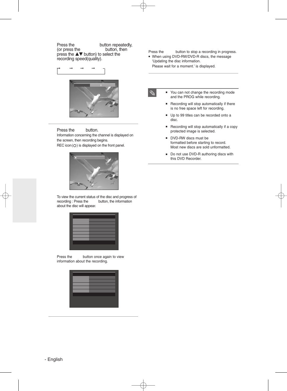 English, Press the rec button | Samsung DVDR131 User Manual | Page 42 / 93