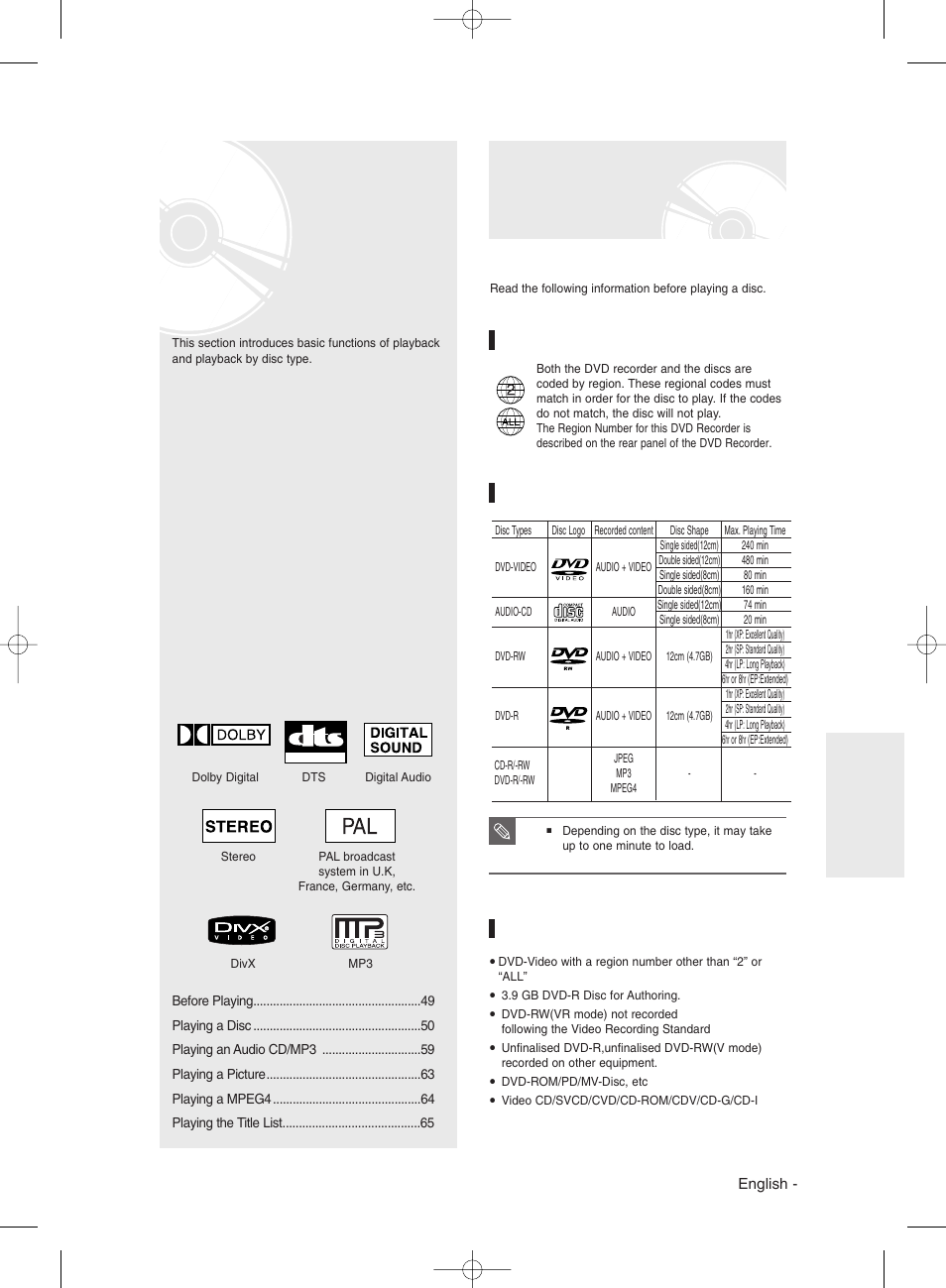 Playback, Before playing, Region code (dvd-video only) | Disc types that can be played, Discs that cannot be played | Samsung DVDR131 User Manual | Page 49 / 93