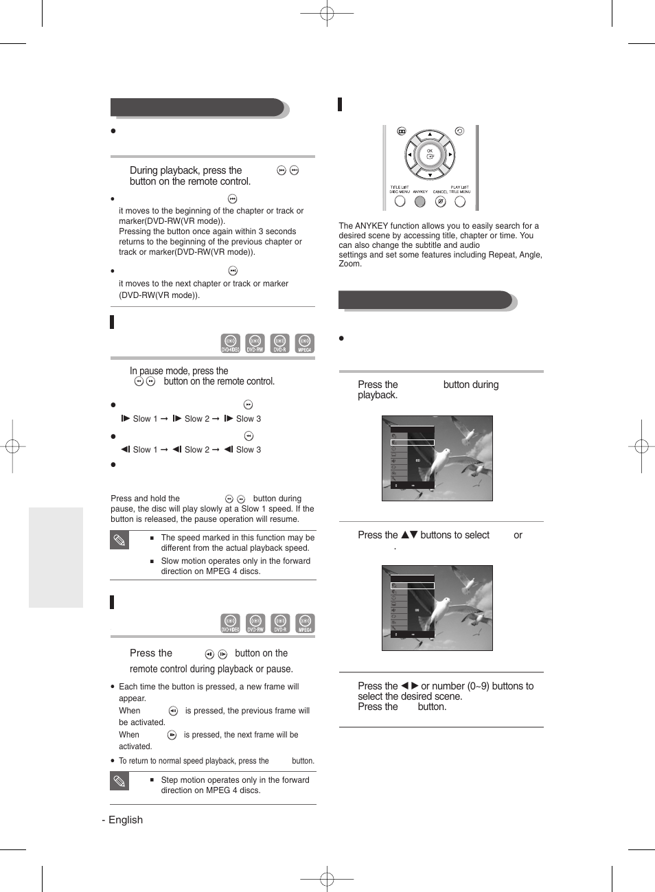 Slow motion play, Step motion play, About anykey | Samsung DVDR131 User Manual | Page 52 / 93