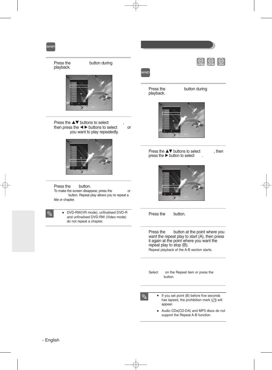 Using the, Using the anykey anykey button button, English | Press the anykey button during playback, Press the ok button | Samsung DVDR131 User Manual | Page 54 / 93