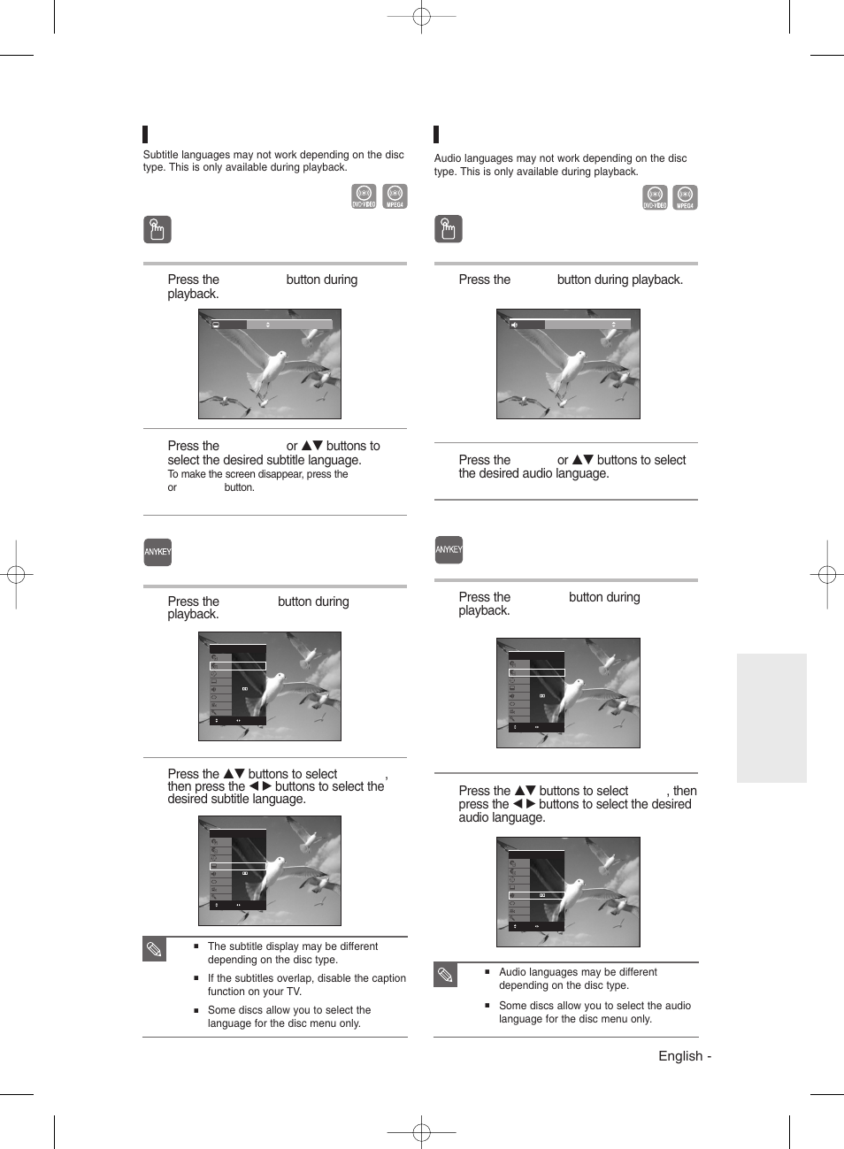 Selecting the subtitle, Selecting the audio language, Using the | Using the audio button audio button, Using the anykey anykey button button, Using the subtitle button, English, Press the audio button during playback, Press the anykey button during playback, Press the subtitle button during playback | Samsung DVDR131 User Manual | Page 55 / 93