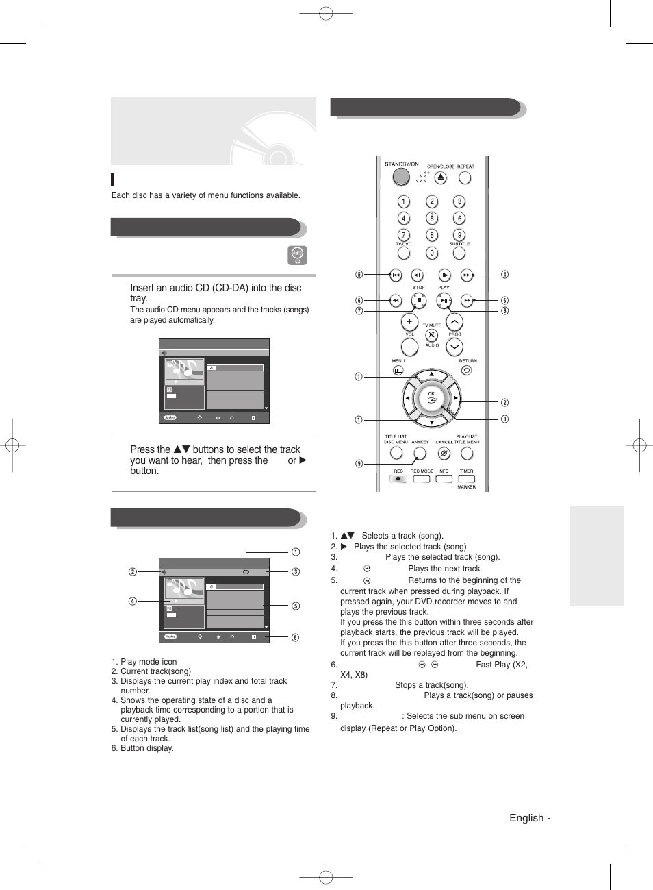 Playing an audio cd/mp3, Playing an audio cd (cd-da)/mp3, Insert an audio cd (cd-da) into the disc tray | English | Samsung DVDR131 User Manual | Page 59 / 93
