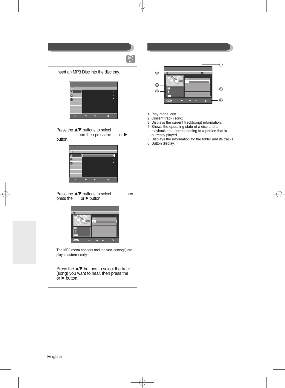 Playing an mp3 disc mp3 screen elements, English, Insert an mp3 disc into the disc tray | Playback | Samsung DVDR131 User Manual | Page 60 / 93