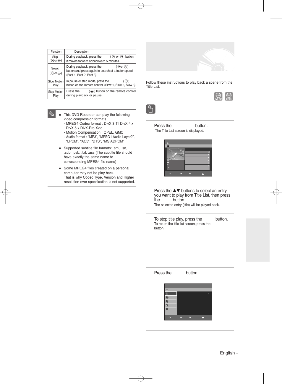 Playing the title list, Using the title list button, Using the menu button | English, Press the title list button, Press the menu button | Samsung DVDR131 User Manual | Page 65 / 93