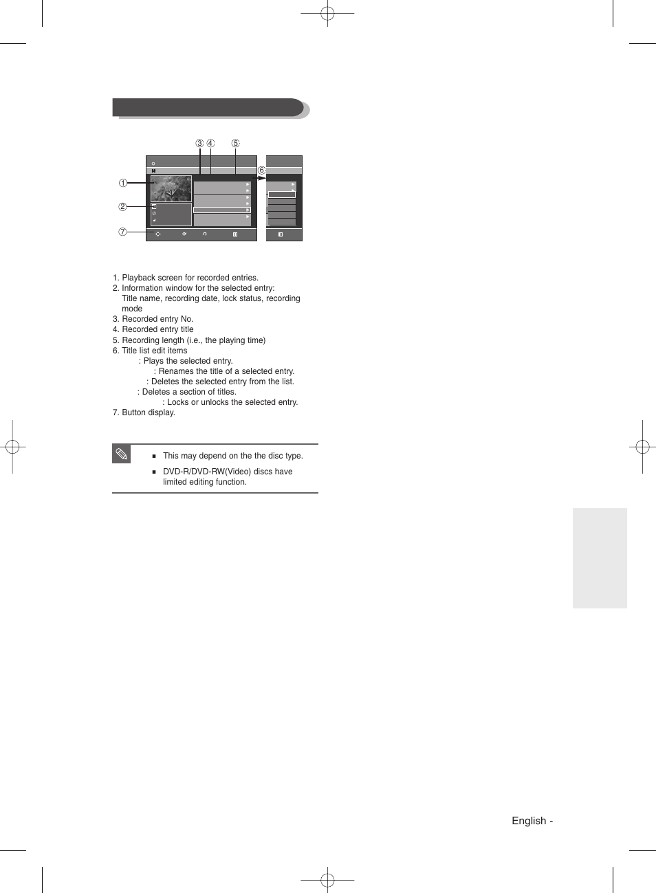 Title list screen elements, English, Playback | This may depend on the the disc type | Samsung DVDR131 User Manual | Page 67 / 93