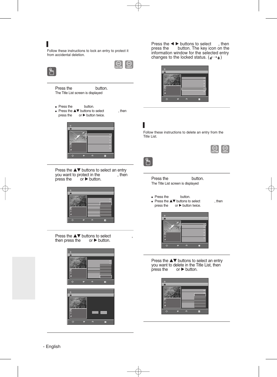 Locking(protecting) a title, Deleting a title, Using the title list button | English, Press the title list button, Editing, Using the menu button, The title list screen is displayed, Press the menu button | Samsung DVDR131 User Manual | Page 70 / 93