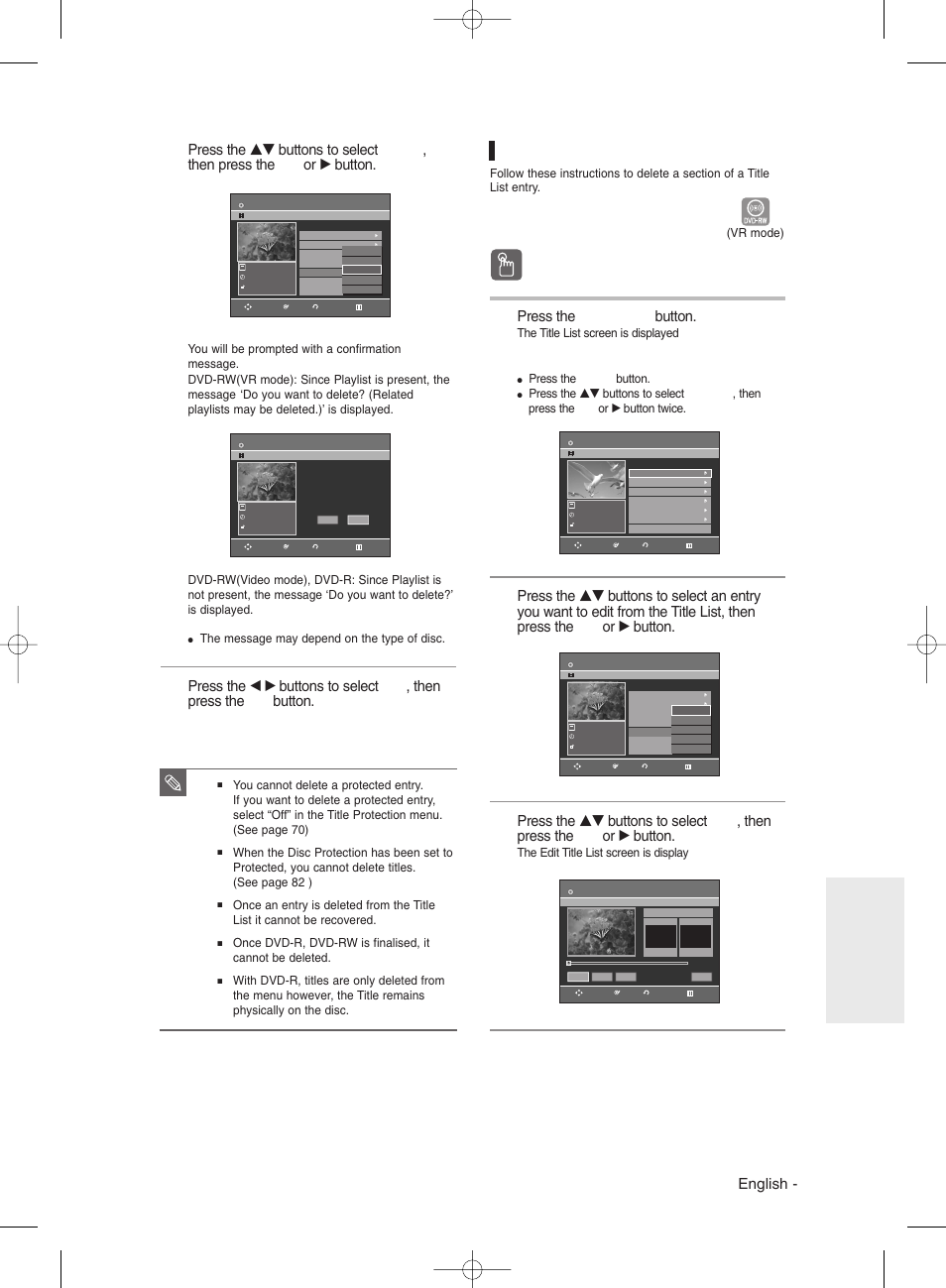 Deleting a section of a title, Using the title list button, English | Press the title list button, Editing, Using the menu button, The title list screen is displayed, Press the menu button, The edit title list screen is display, The message may depend on the type of disc | Samsung DVDR131 User Manual | Page 71 / 93