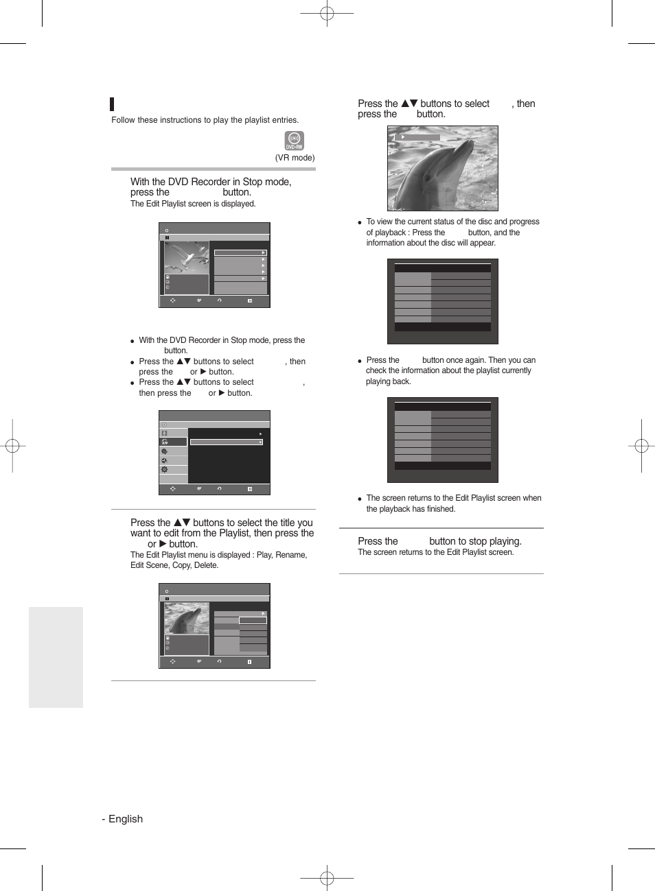 Playing entries in the playlist, English, Press the stop button to stop playing | Editing, Using the menu button | Samsung DVDR131 User Manual | Page 74 / 93