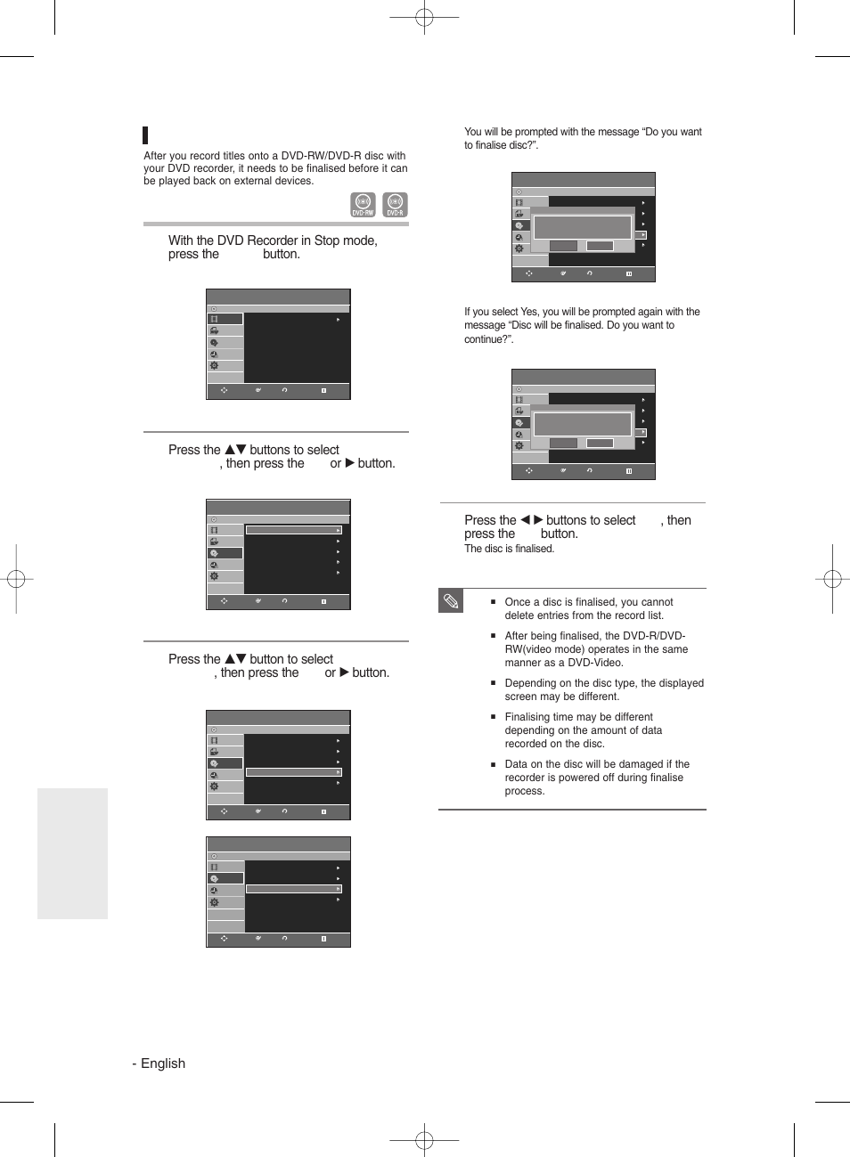 Finalising a disc, English, Editing | The disc is finalised | Samsung DVDR131 User Manual | Page 84 / 93