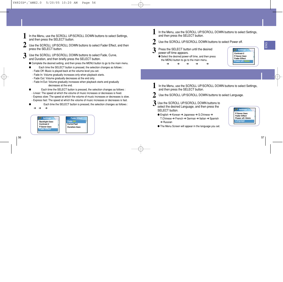 Fader effect, Power off settings, Language settings | Samsung YH-820 User Manual | Page 29 / 35