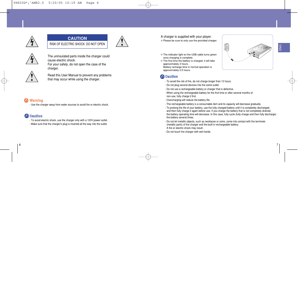 Battery charger safety, Charging the battery, D igita l audio playe r yh-8 2 0 | Samsung YH-820 User Manual | Page 4 / 35