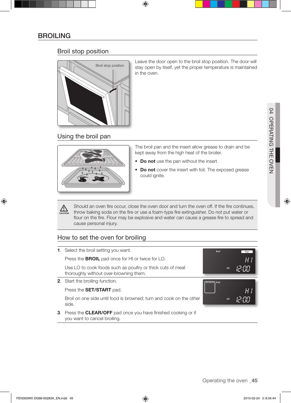 Broiling, Broil stop position, Using the broil pan | How to set the oven for broiling | Samsung FE-N300** User Manual | Page 45 / 72