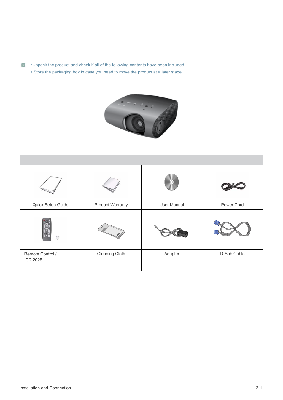 2 installation and connection, 1 package contents, Installation and connection | Package contents -1, 2installation and connection | Samsung SP-P410M User Manual | Page 10 / 54