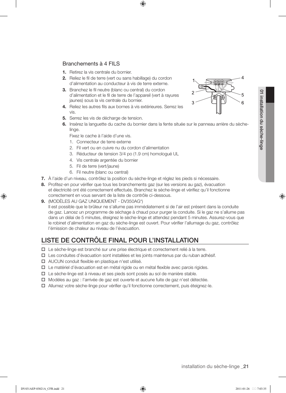 Liste de contrôle final pour l’installation, 21 liste de contrôle final pour l’installation, Branchements à 4 fils | Samsung DV431AG User Manual | Page 101 / 120
