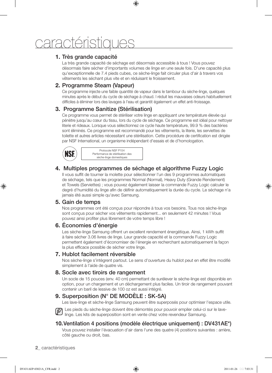 Caractéristiques | Samsung DV431AG User Manual | Page 82 / 120