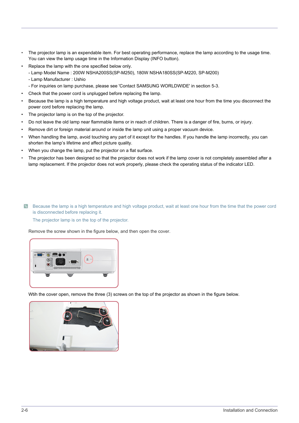 6 lamp replacement, Lamp replacement -6, Cautions on lamp replacement | Lamp replacement procedure | Samsung SPH SP-M220 User Manual | Page 16 / 60