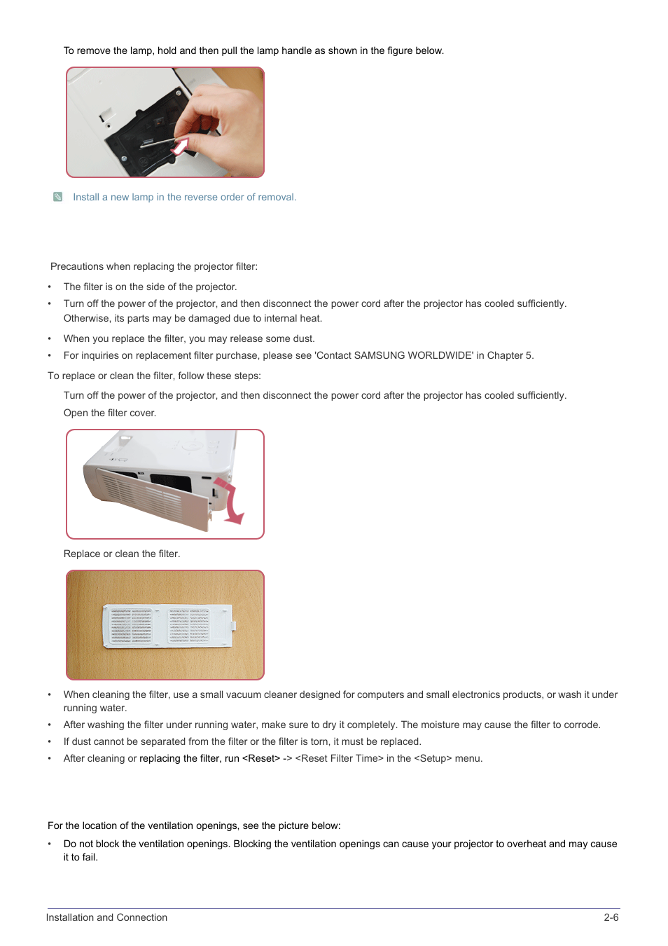 Replacing and cleaning the filter, Ventilation openings | Samsung SPH SP-M220 User Manual | Page 17 / 60