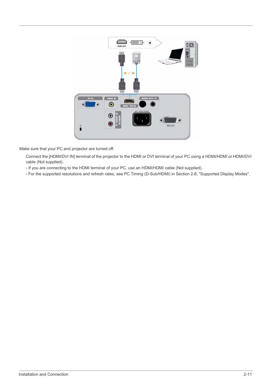 11 connecting a pc using an hdmi/dvi cable, Connecting a pc using an hdmi/dvi cable -11 | Samsung SPH SP-M220 User Manual | Page 27 / 60
