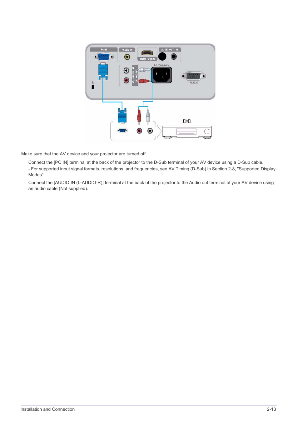 13 connecting an av device using a d-sub cable, Connecting an av device using a d-sub cable -13 | Samsung SPH SP-M220 User Manual | Page 29 / 60