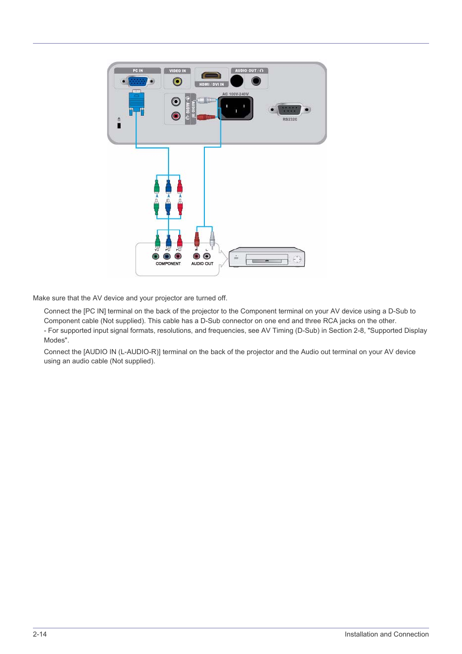 14 connecting an av device with component output, Connecting an av device with component output -14 | Samsung SPH SP-M220 User Manual | Page 30 / 60
