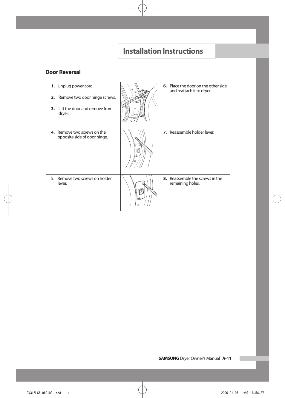 Installation instructions, Door reversal | Samsung DV317AGS User Manual | Page 15 / 32