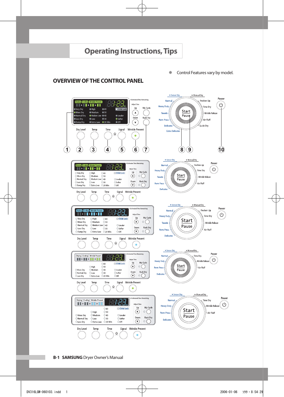 Operating instructions, tips, Overview of the control panel | Samsung DV317AGS User Manual | Page 16 / 32