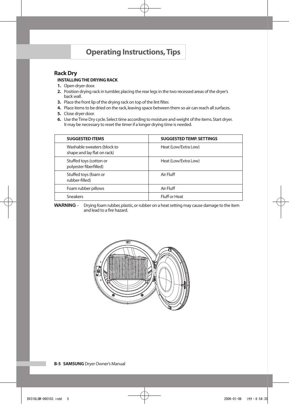 Operating instructions, tips, Rack dry | Samsung DV317AGS User Manual | Page 20 / 32