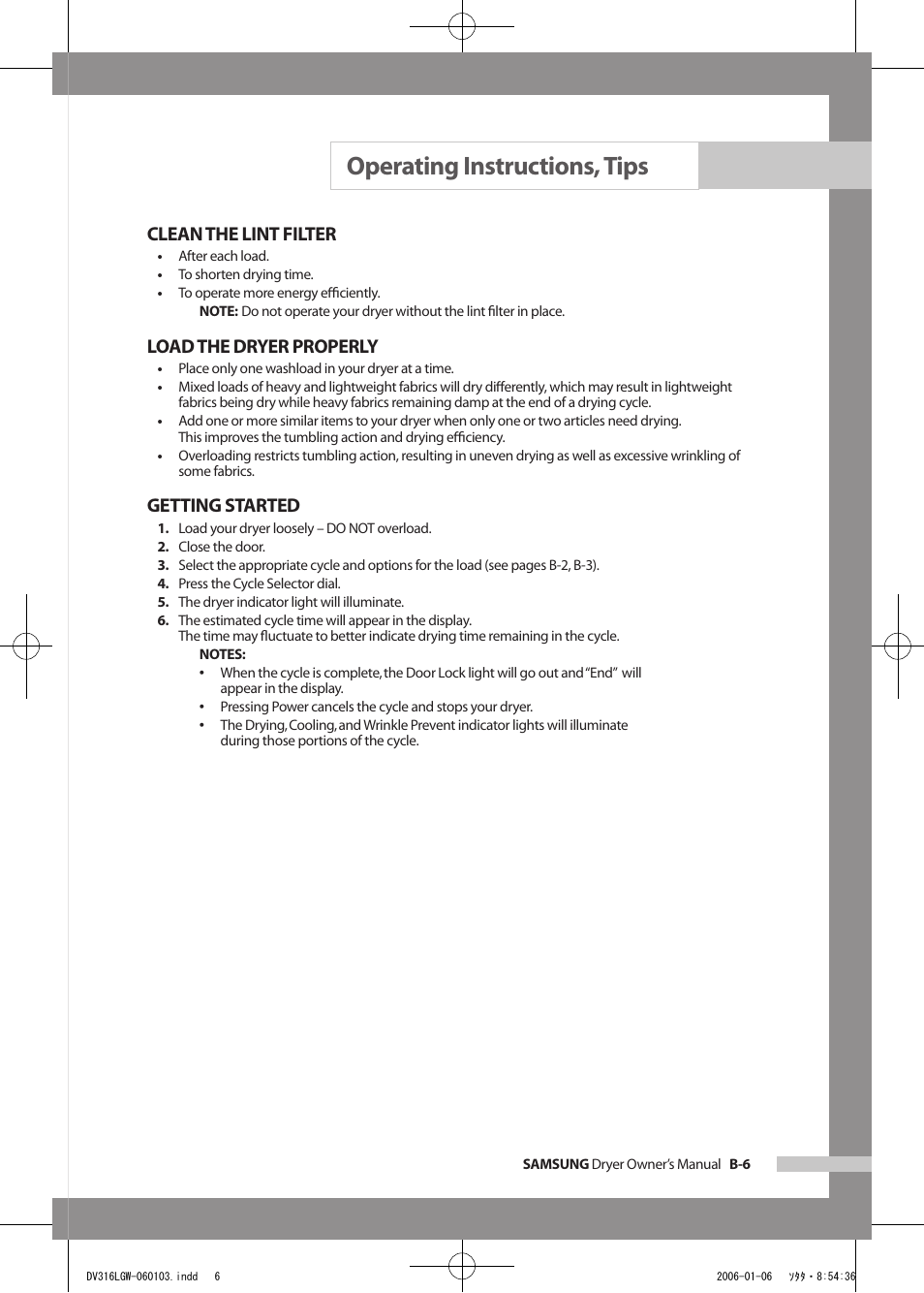 Operating instructions, tips, Clean the lint filter, Load the dryer properly | Getting started | Samsung DV317AGS User Manual | Page 21 / 32