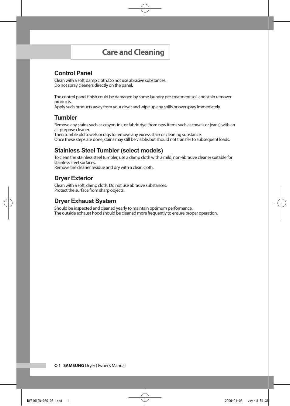 Care and cleaning, Control panel, Tumbler | Stainless steel tumbler (select models), Dryer exterior, Dryer exhaust system | Samsung DV317AGS User Manual | Page 22 / 32
