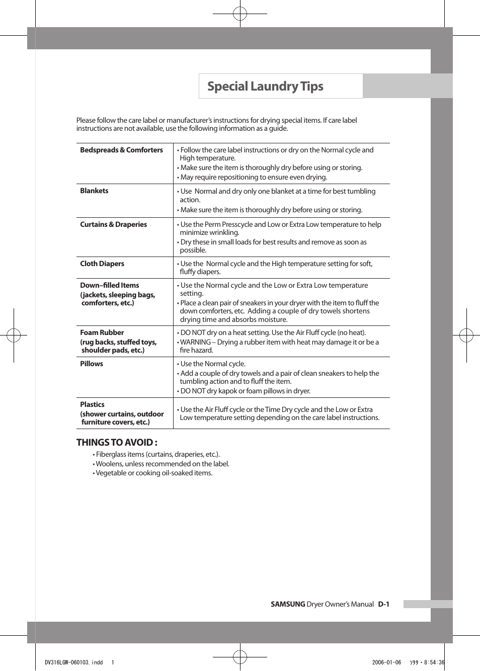 Special laundry tips, Things to avoid | Samsung DV317AGS User Manual | Page 23 / 32