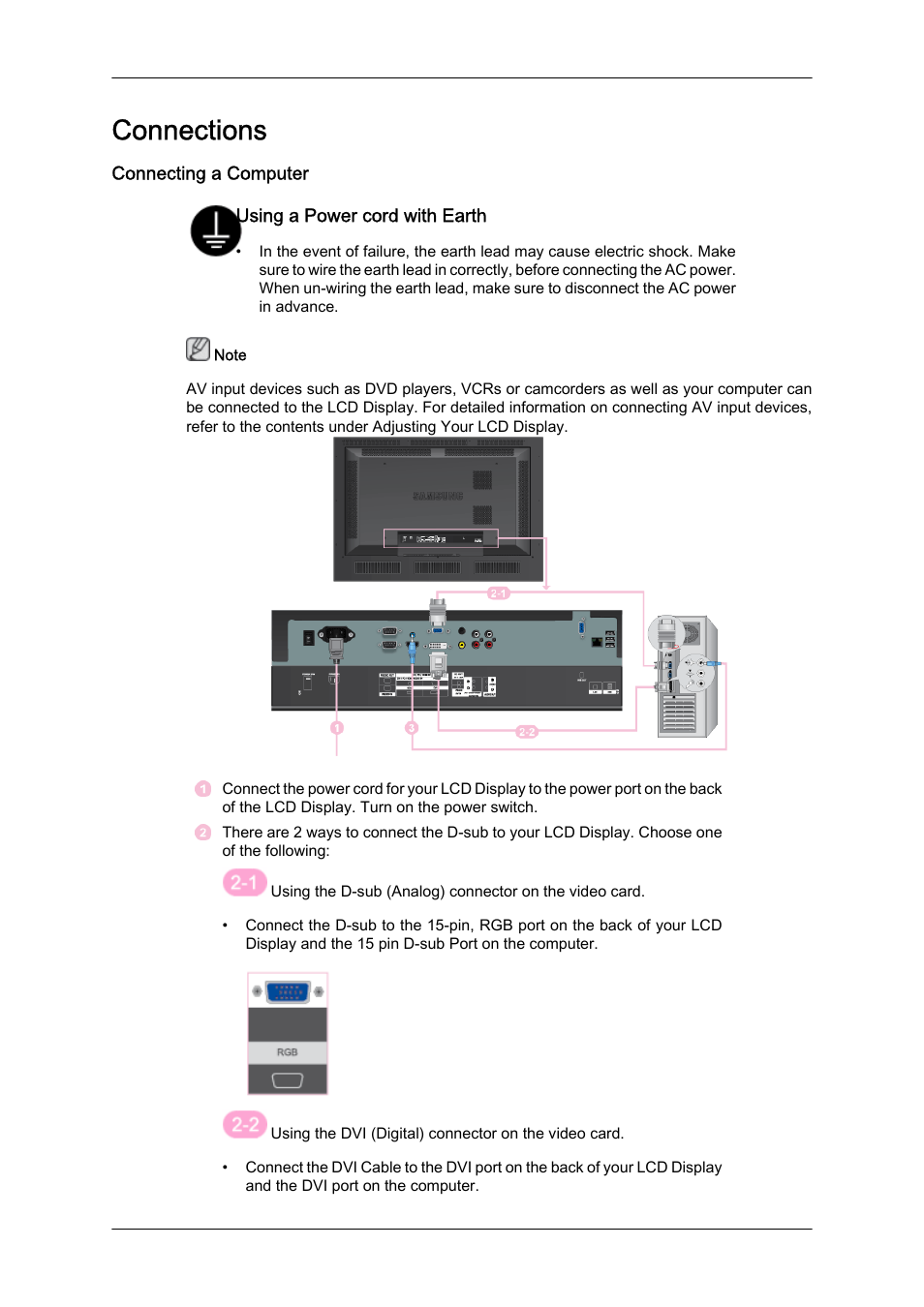 Connections, Connecting a computer | Samsung 460DR-S User Manual | Page 19 / 30