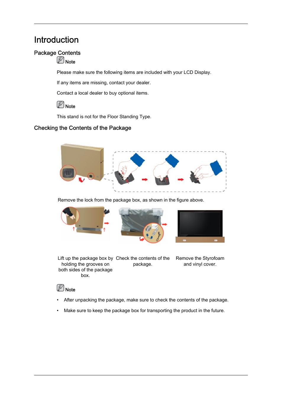 Introduction, Package contents, Checking the contents of the package | Samsung 460DR-S User Manual | Page 2 / 30