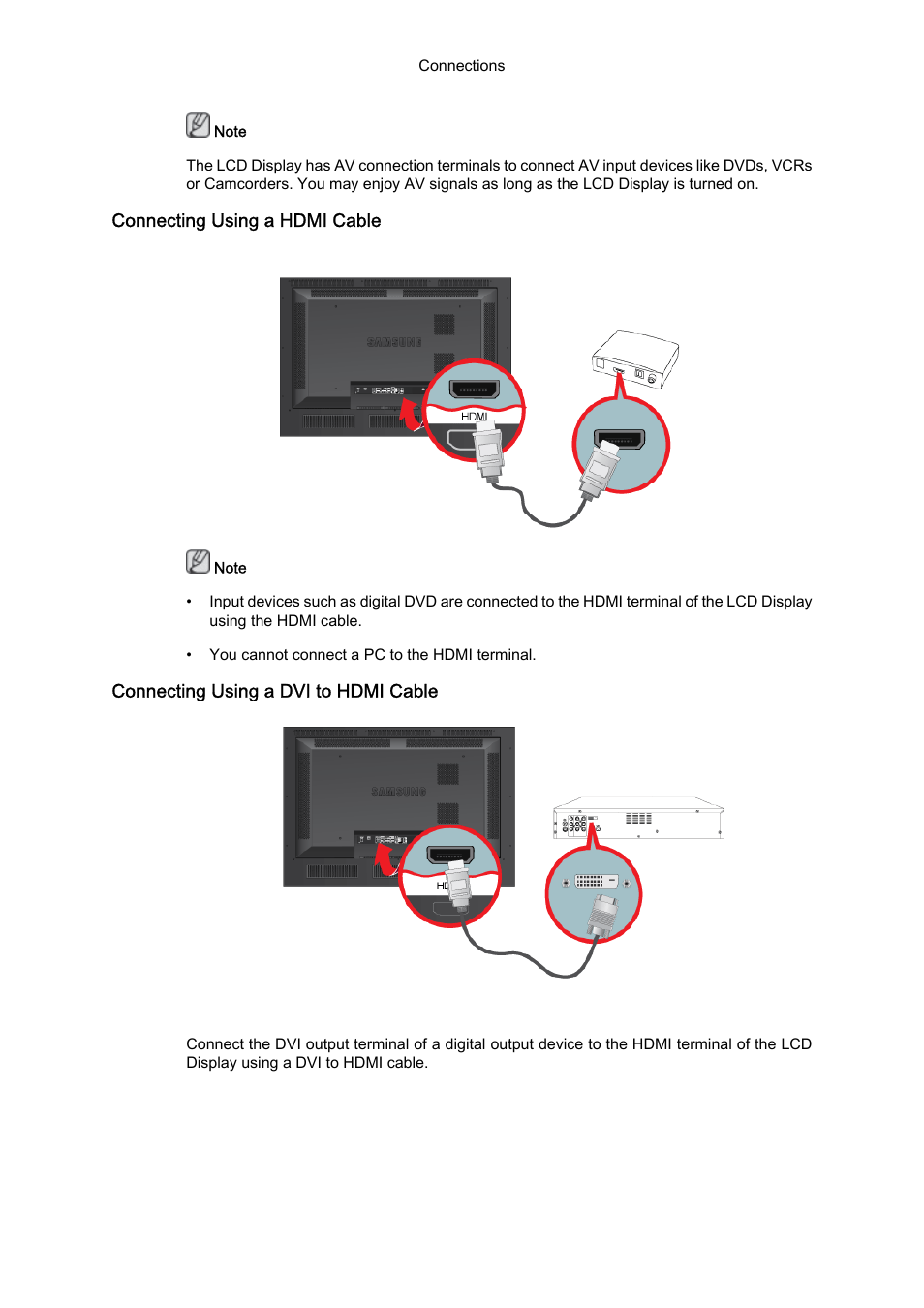 Connecting using a hdmi cable, Connecting using a dvi to hdmi cable | Samsung 460DR-S User Manual | Page 21 / 30