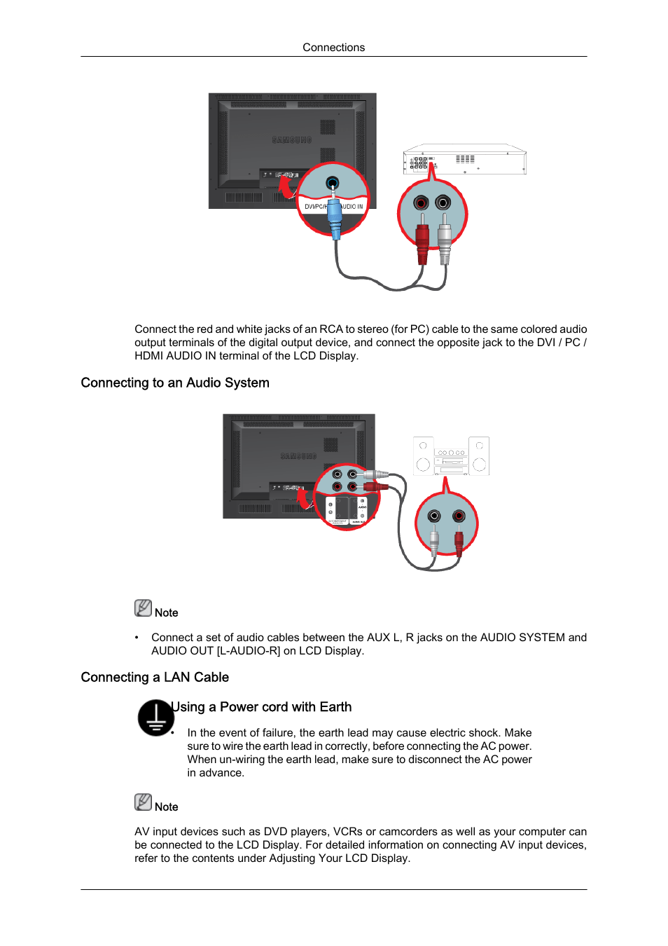 Connecting to an audio system, Connecting a lan cable | Samsung 460DR-S User Manual | Page 22 / 30