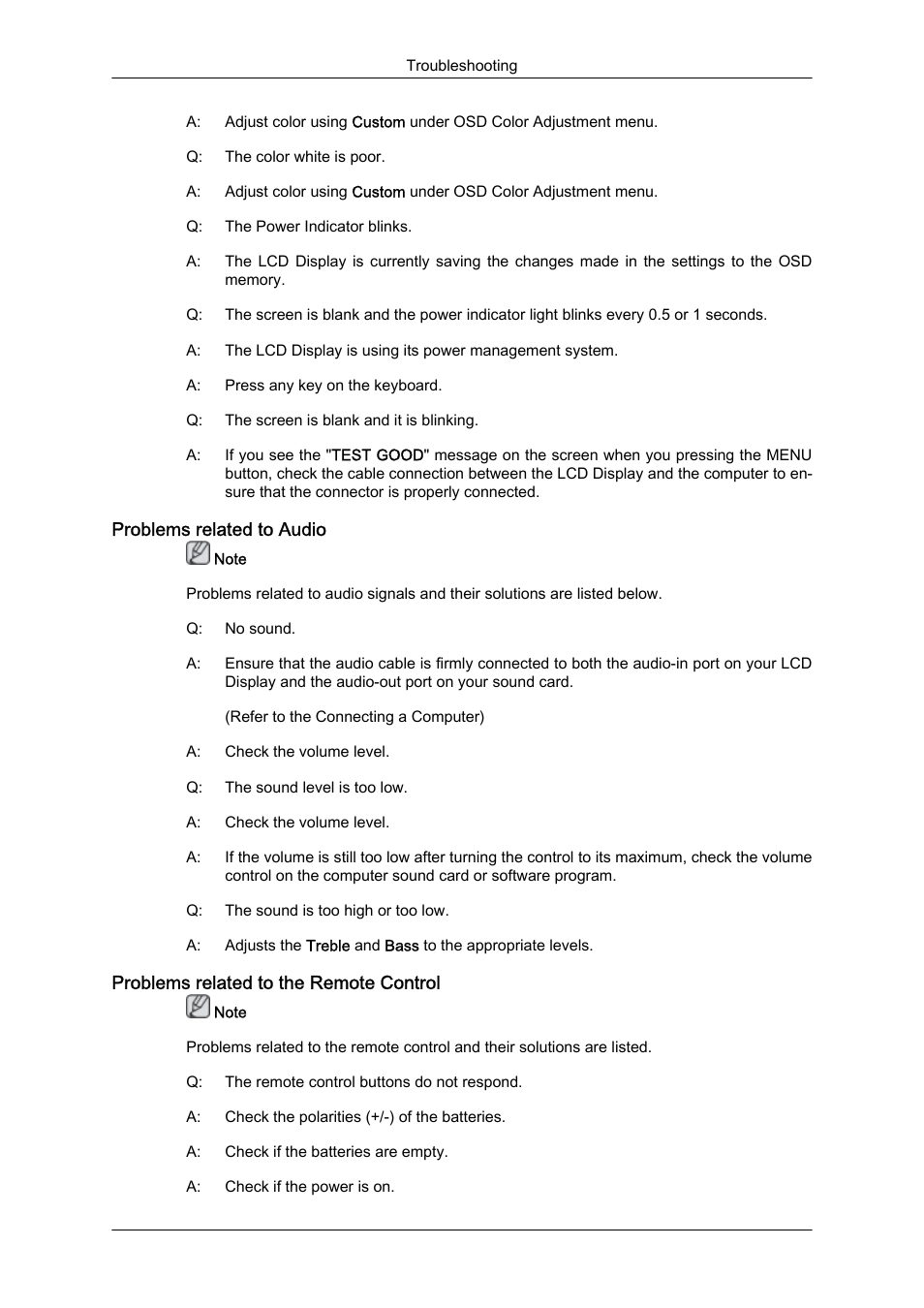 Problems related to audio, Problems related to the remote control | Samsung 460DR-S User Manual | Page 28 / 30