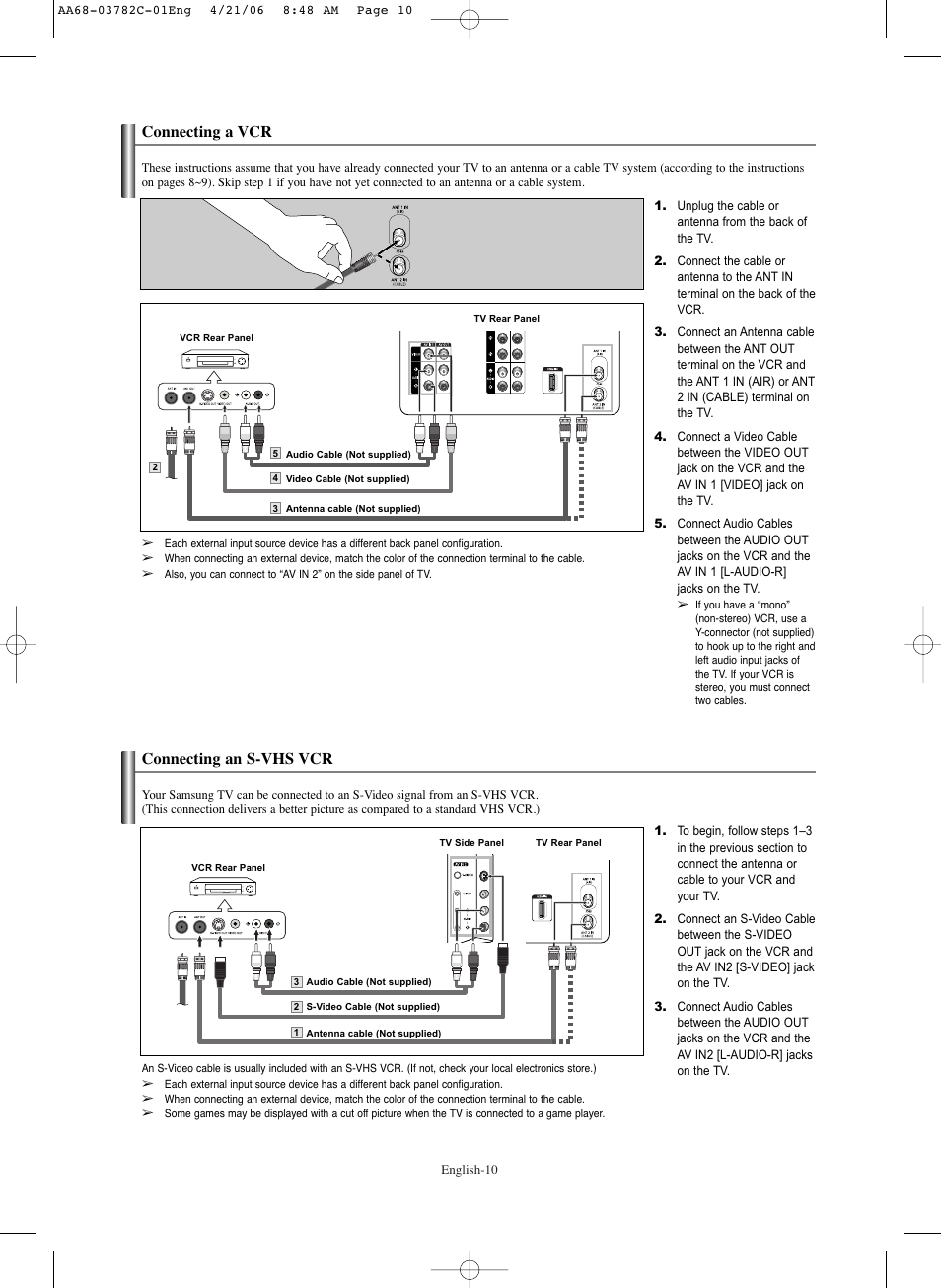 Connecting a vcr, Connecting an s-vhs vcr | Samsung CL-29Z40DS User Manual | Page 10 / 44