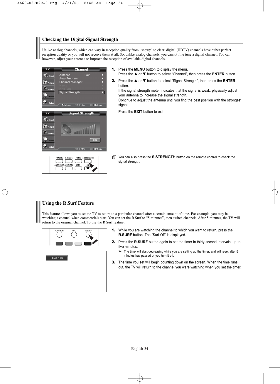 Checking the digital-signal strength, Using the r.surf feature | Samsung CL-29Z40DS User Manual | Page 34 / 44