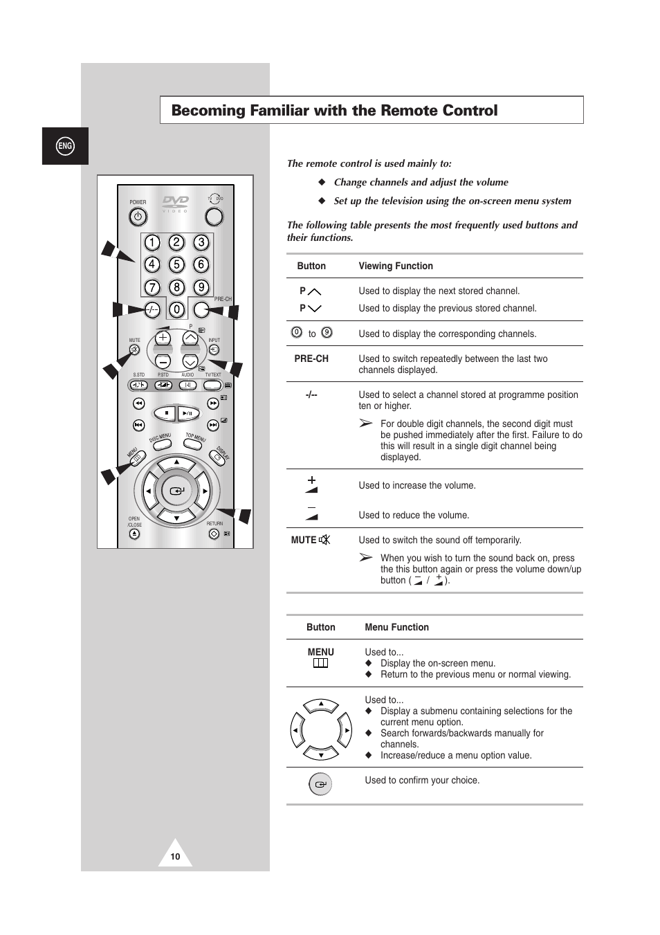 Becoming familiar with the remote control | Samsung DS-21G5 User Manual | Page 10 / 48