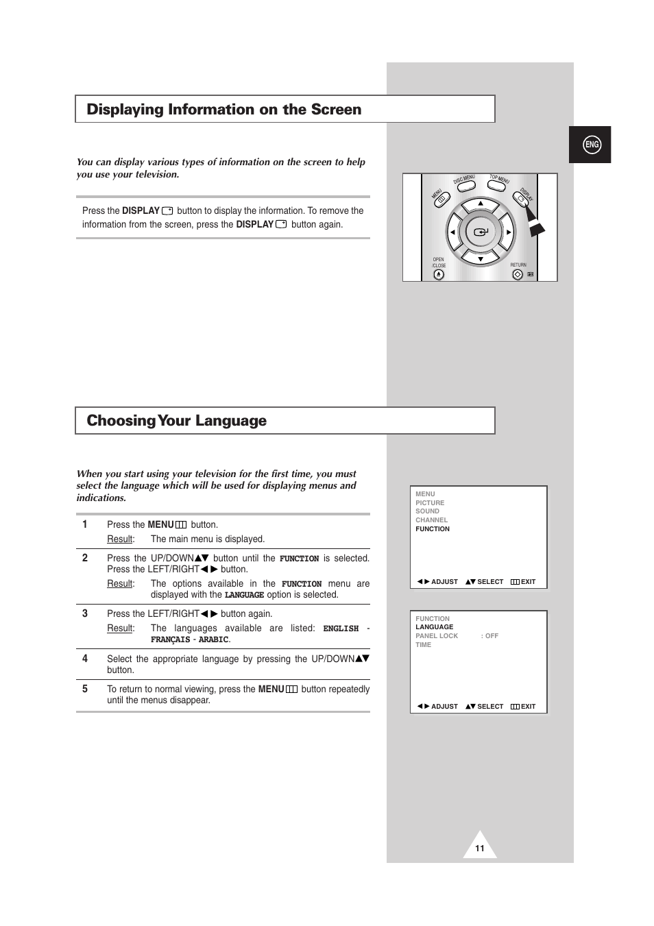 Choosing your language, Displaying information on the screen | Samsung DS-21G5 User Manual | Page 11 / 48