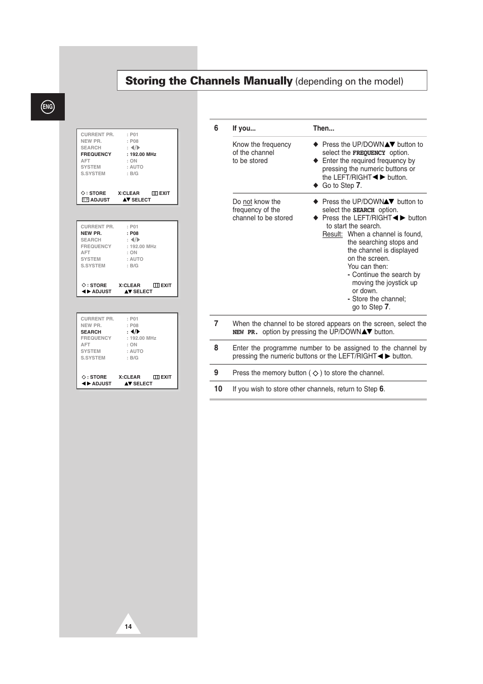 Storing the channels manually, Depending on the model) | Samsung DS-21G5 User Manual | Page 14 / 48