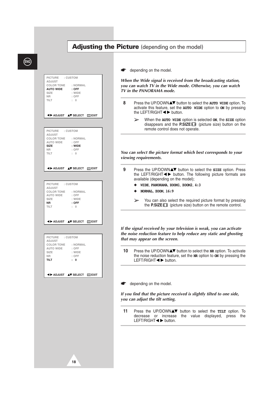 Adjusting the picture, Depending on the model) | Samsung DS-21G5 User Manual | Page 18 / 48