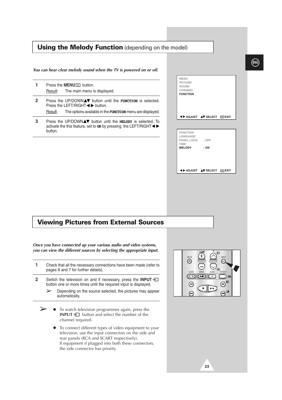Viewing pictures from external sources, Using the melody function, Depending on the model) | Samsung DS-21G5 User Manual | Page 23 / 48