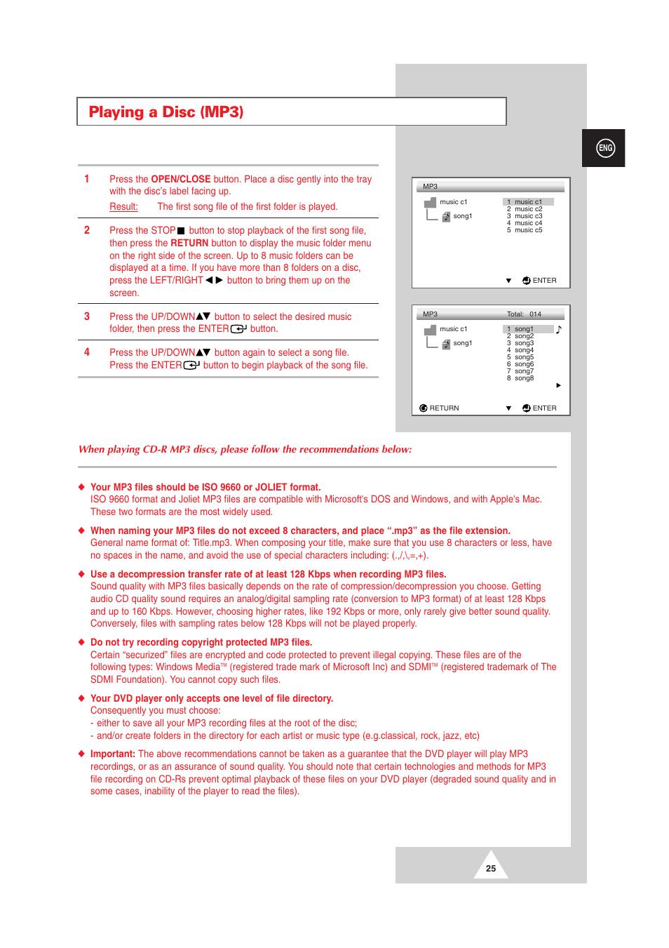 Playing a disc (mp3) | Samsung DS-21G5 User Manual | Page 25 / 48