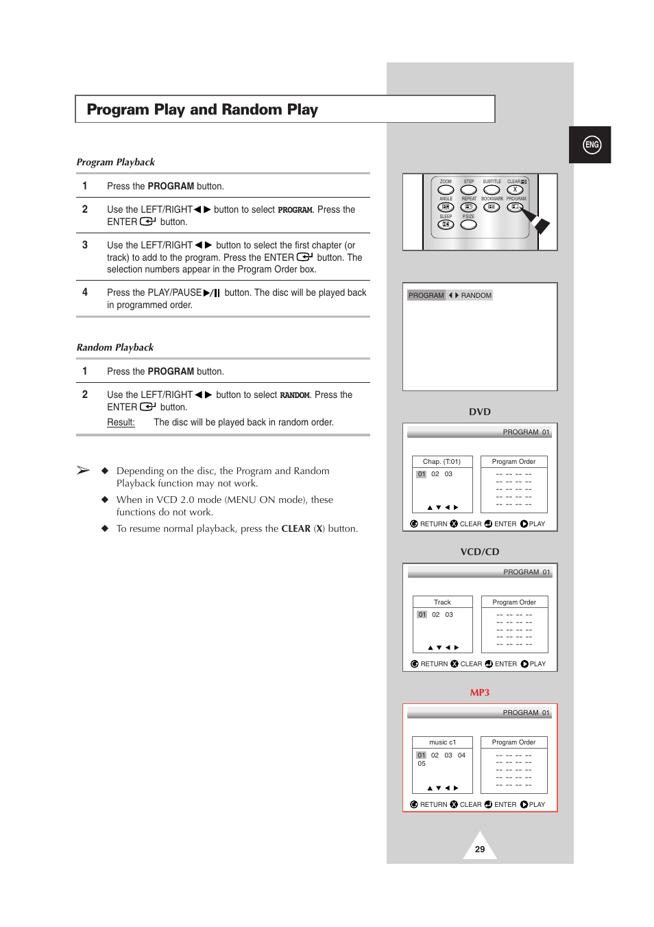 Program play and random play | Samsung DS-21G5 User Manual | Page 29 / 48
