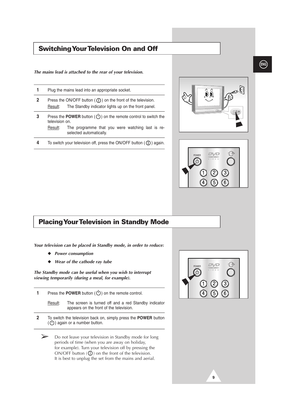 Switching your television on and off, Placing your television in standby mode | Samsung DS-21G5 User Manual | Page 9 / 48
