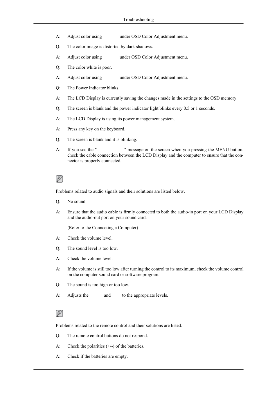 Problems related to audio, Problems related to the remote control | Samsung 400MPN User Manual | Page 113 / 130