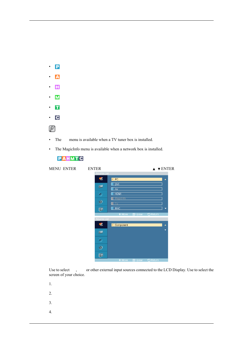 Adjusting the lcd display, Input, Source list | Samsung 400MPN User Manual | Page 70 / 130
