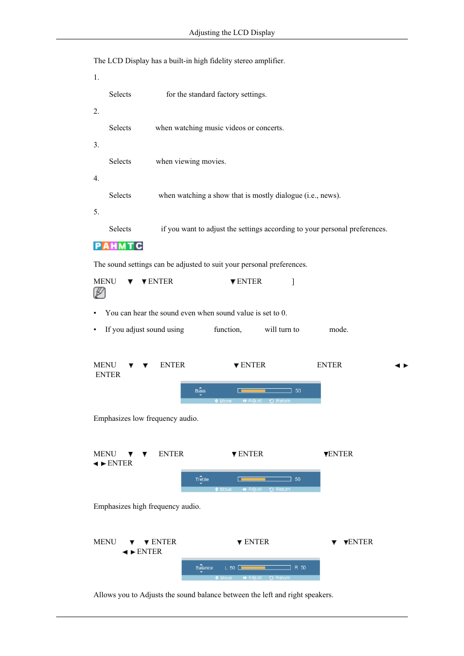 Custom, Bass, Treble | Balance | Samsung 400MPN User Manual | Page 83 / 130