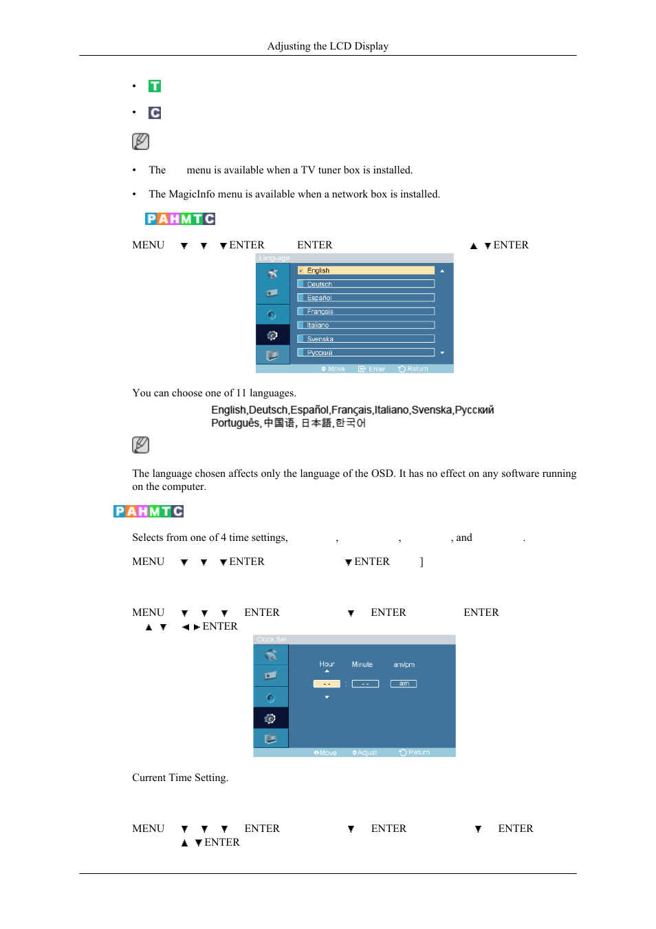 Language, Time, Clock set | Sleep timer | Samsung 400MPN User Manual | Page 85 / 130